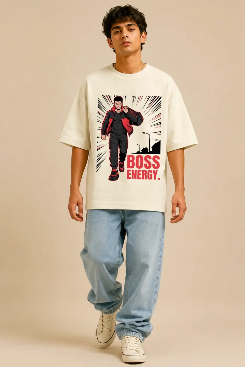 Boss Energy — Anime Streetwear Oversized Terry Tee in Off-White | JUNOSHI
