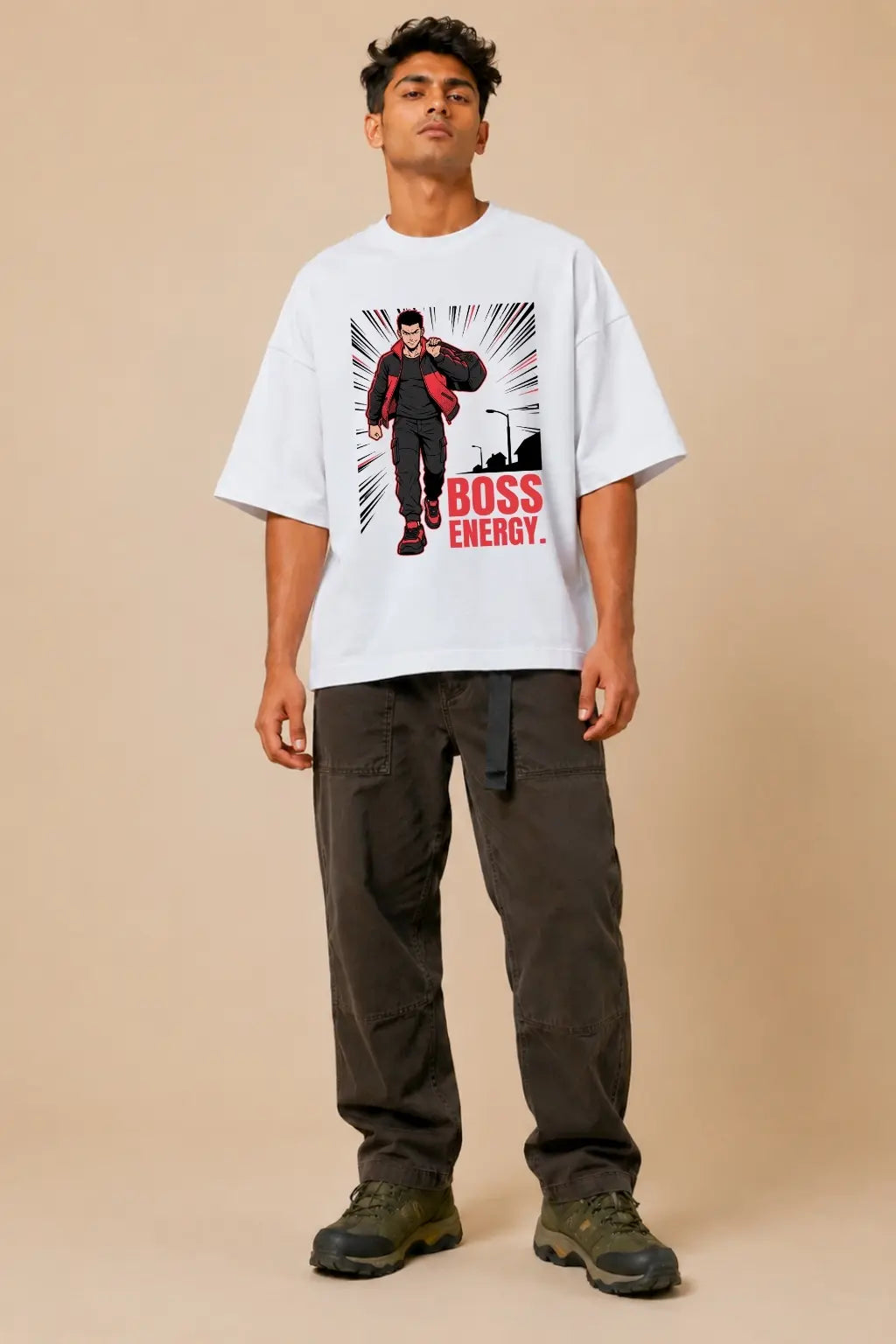 Boss Energy — Anime Streetwear Oversized Terry Tee in White | JUNOSHI