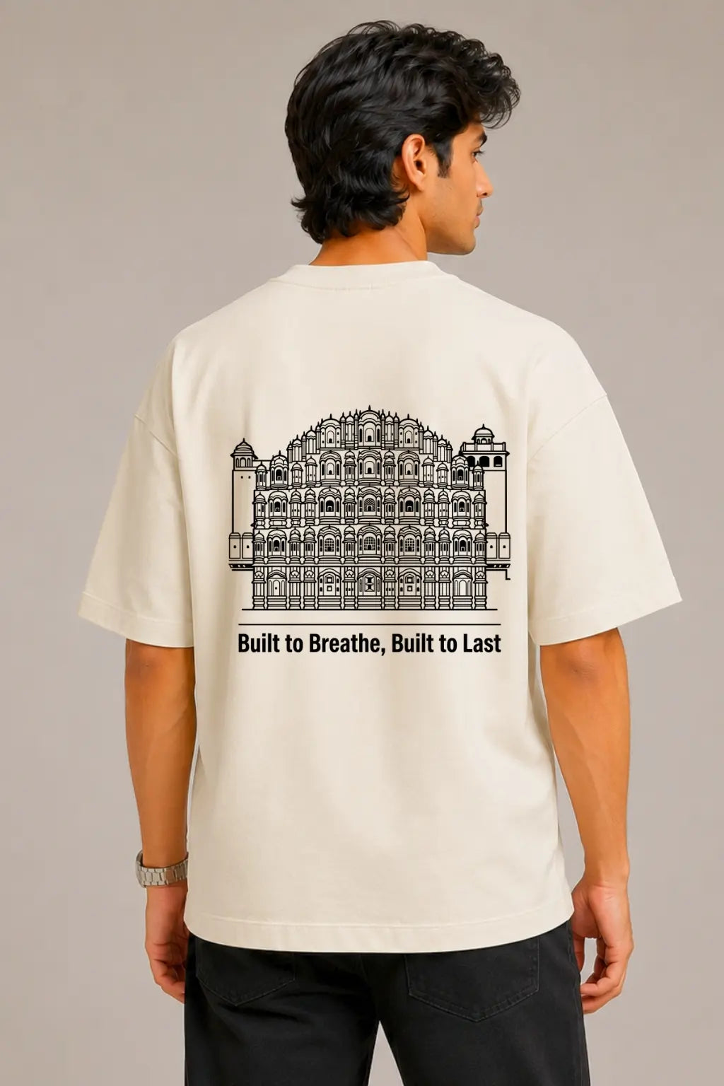 Built To Breathe — Hawa Mahal Oversized Terry Tee for Men, Back View | JUNOSHI