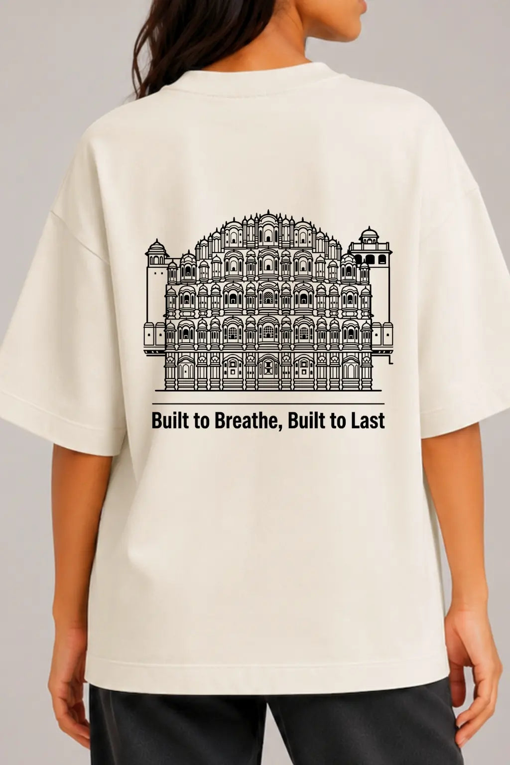 Built To Breathe — Hawa Mahal Streetwear Print Close-Up on Oversized Tee | JUNOSHI