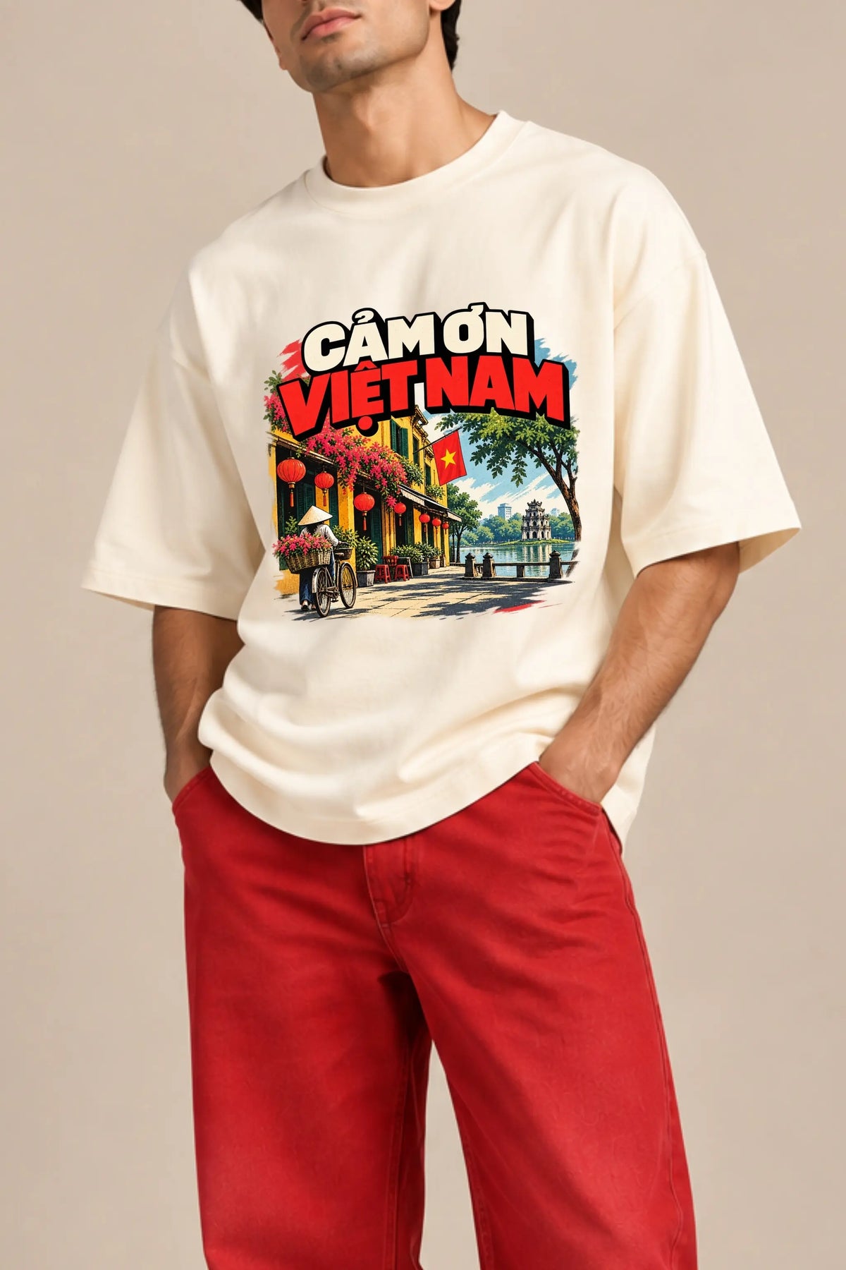 Close-up of Cam On Vietnam streetprint with lanterns, bougainvillea and Turtle Tower on oversized terry t-shirt | JUNOSHI