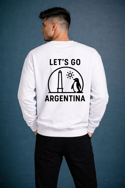 Back of white Che Argentina oversized sweatshirt — Let's Go Argentina graphic with Buenos Aires Obelisk and penguin — JUNOSHI India travel apparel