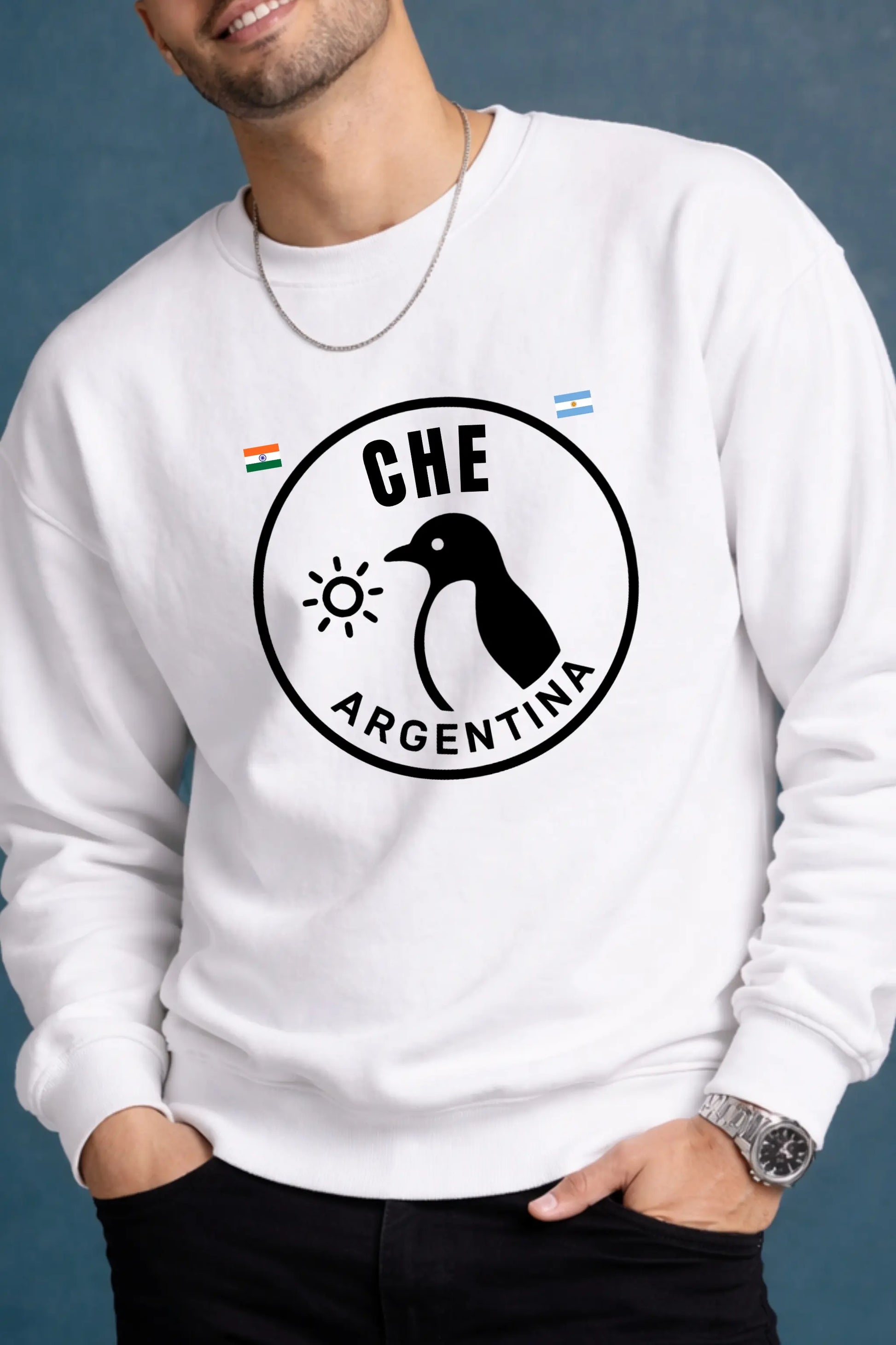 Close-up of Che Argentina sweatshirt chest graphic — circle badge with Magellanic penguin, sun, India and Argentina flags — JUNOSHI streetwear