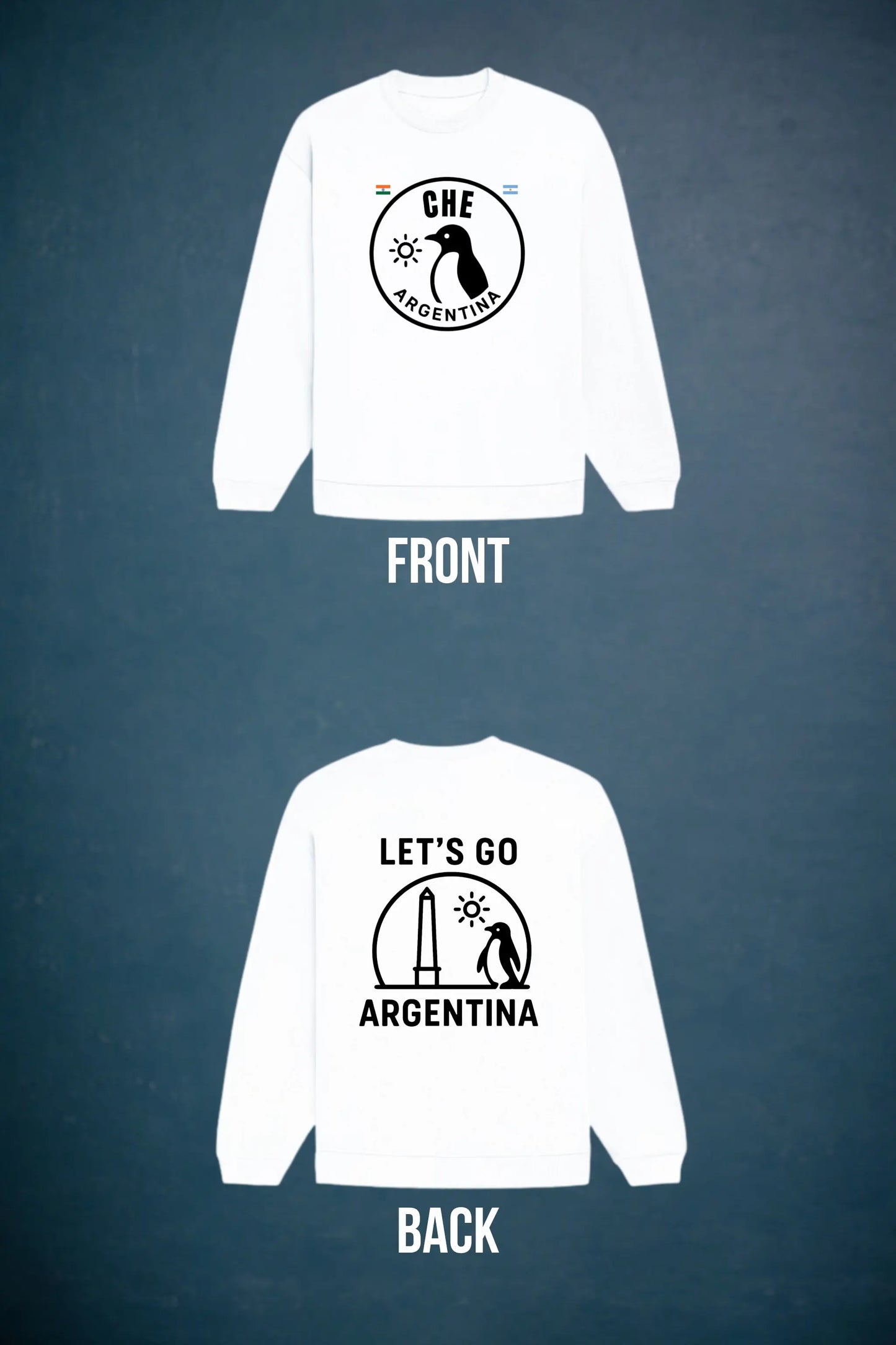 White Che Argentina oversized sweatshirt — front and back flat mockup showing full design — JUNOSHI India Argentina travel streetwear collection