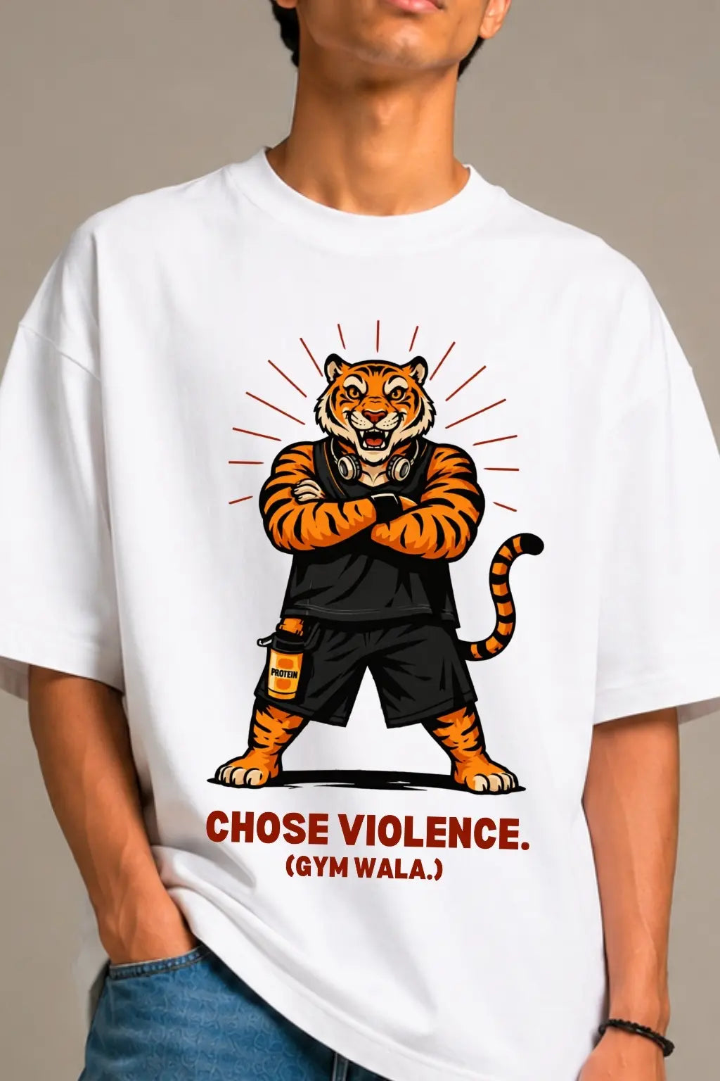 Closeup of Bablu Dhamaka Tiger Graphic on Chose Violence Gym Wala Oversized Tee — Desi Streetwear | JUNOSHI