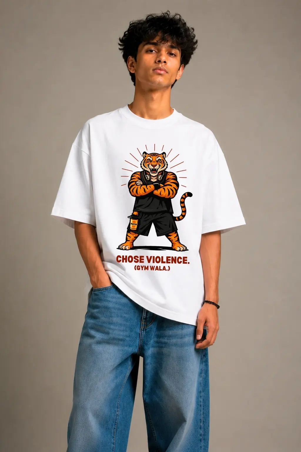 Chose Violence Gym Wala Oversized Tee in White — Bablu Dhamaka Desi Streetwear Graphic Tee | JUNOSHI