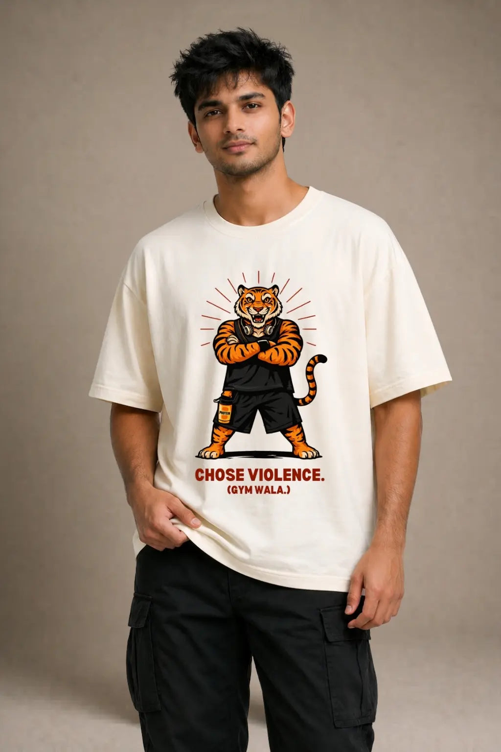Chose Violence Gym Wala Oversized Tee in Off-White — Bablu Dhamaka Graphic | Desi Streetwear India | JUNOSHI