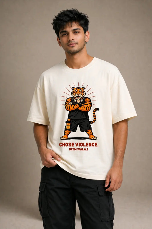 Chose Violence Gym Wala Oversized Tee in Off-White — Bablu Dhamaka Graphic | Desi Streetwear India | JUNOSHI