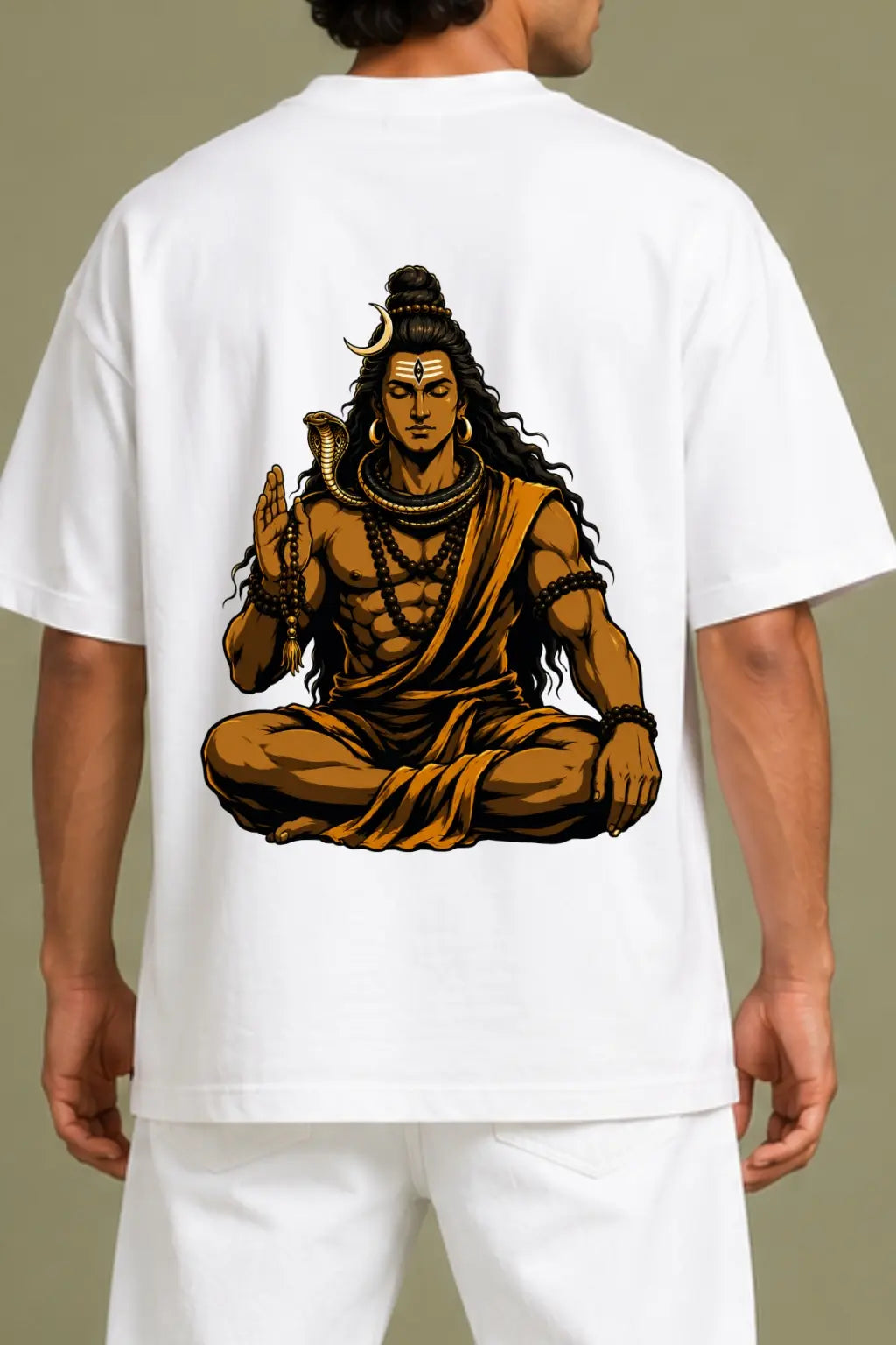 Dakshinamurthy Shiva oversized tee close-up featuring meditating Shiva, crescent moon and tripundra detail — Divine Street stillness