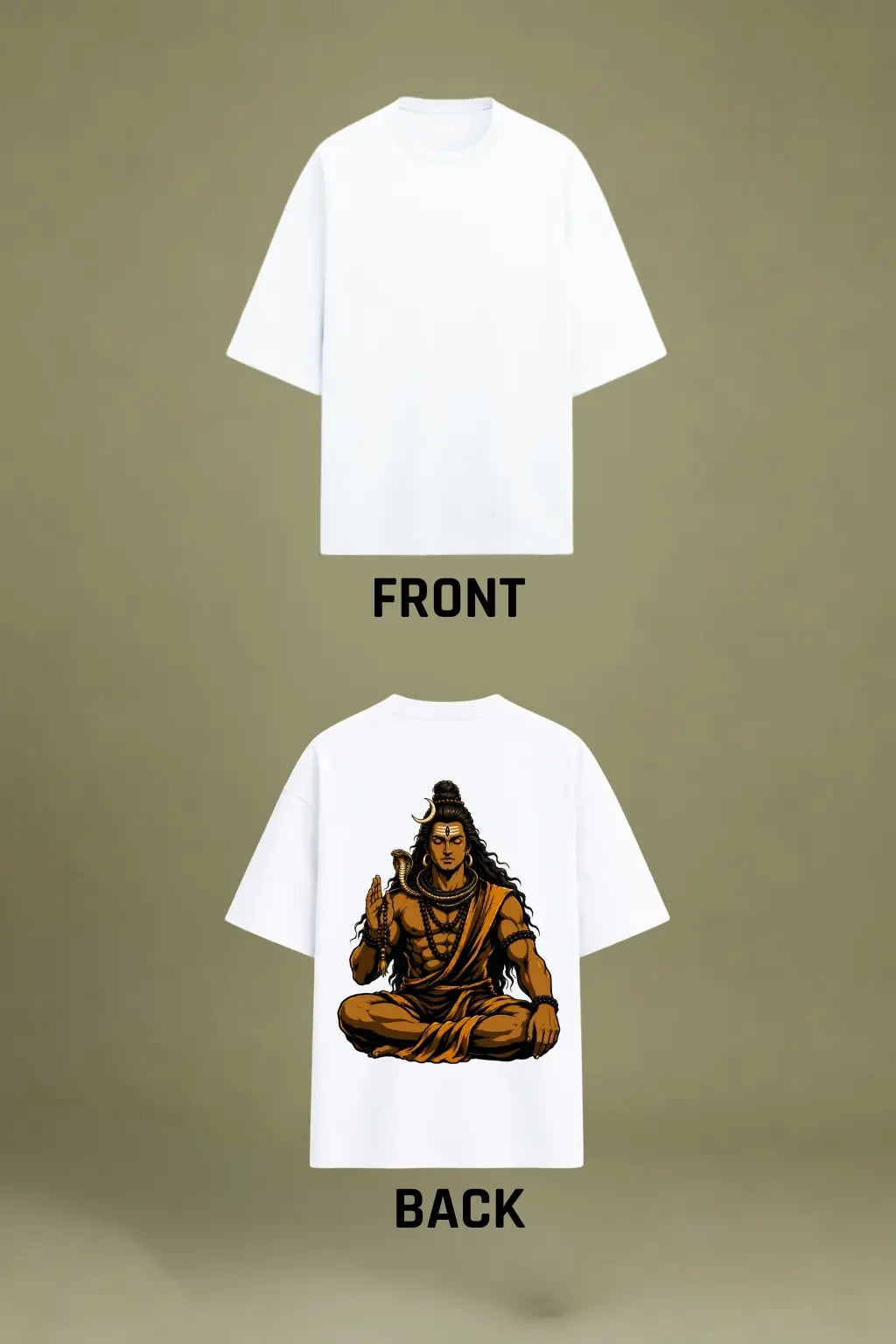 Dakshinamurthy Shiva oversized tee flatlay showing plain front and back print of meditating Shiva with cobra and rudraksha — Divine Street collection