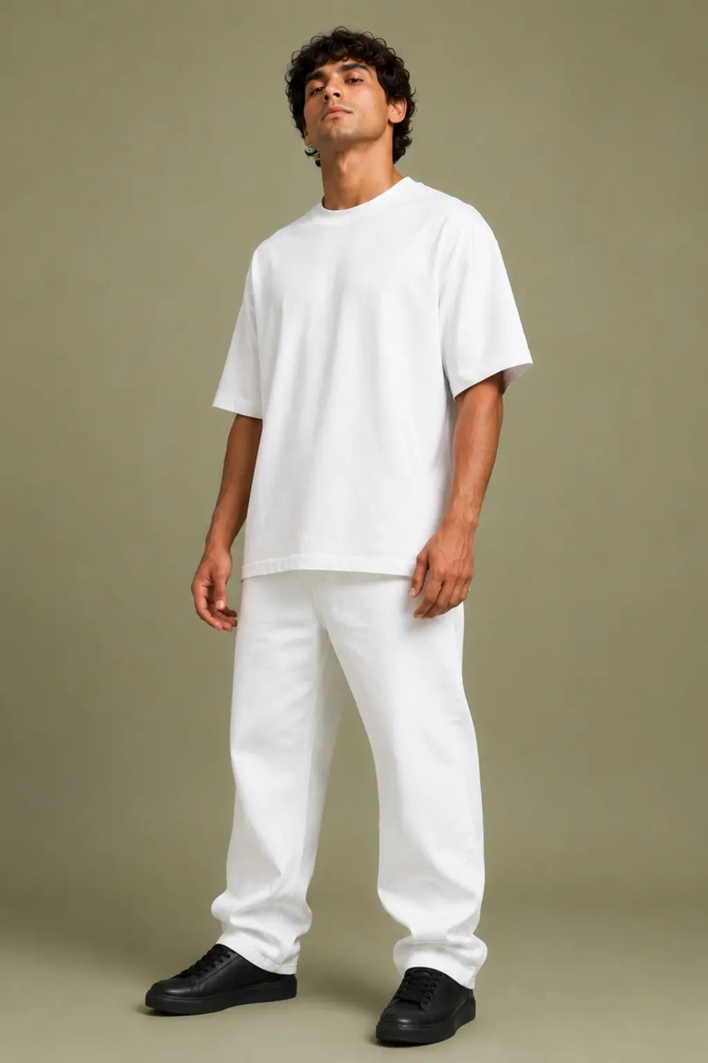 Dakshinamurthy Shiva oversized tee plain front view styled with white pants — Divine Street collection