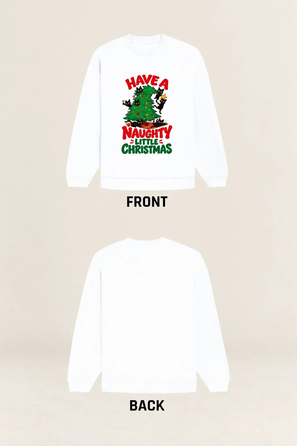 Desi Billi Christmas — Naughty Cat Christmas Oversized Sweatshirt, Front and Back Flat Mockup | JUNOSHI