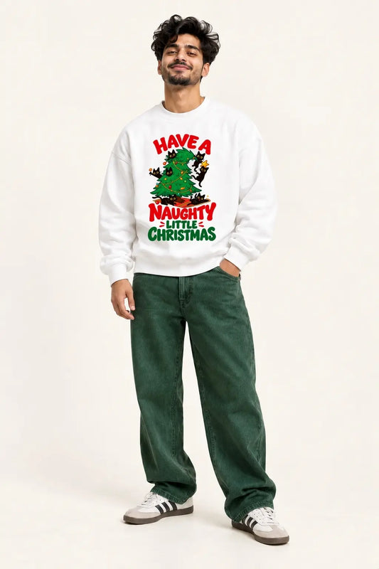 Desi Billi Christmas — Naughty Cat Christmas Oversized Sweatshirt, Front View on Male Model | JUNOSHI