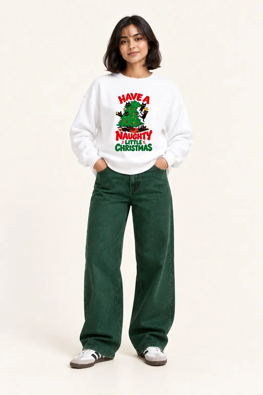 Desi Billi Christmas — Naughty Cat Christmas Oversized Sweatshirt, Front View on Female Model | JUNOSHI
