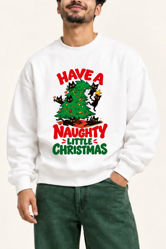 Desi Billi Christmas — Black Cats on Christmas Tree Print, Oversized Sweatshirt Close-Up | JUNOSHI