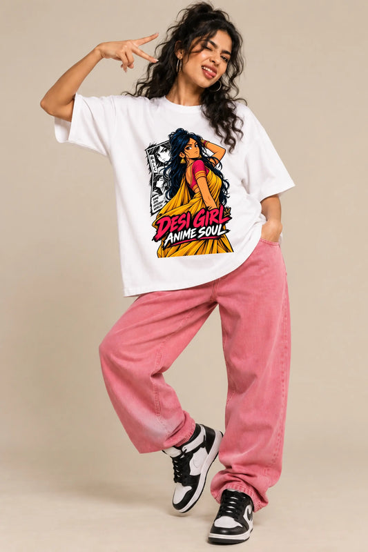 Woman in Desi Girl Anime Soul white oversized terry t-shirt, winking with peace sign, desi anime streetwear by JUNOSHI