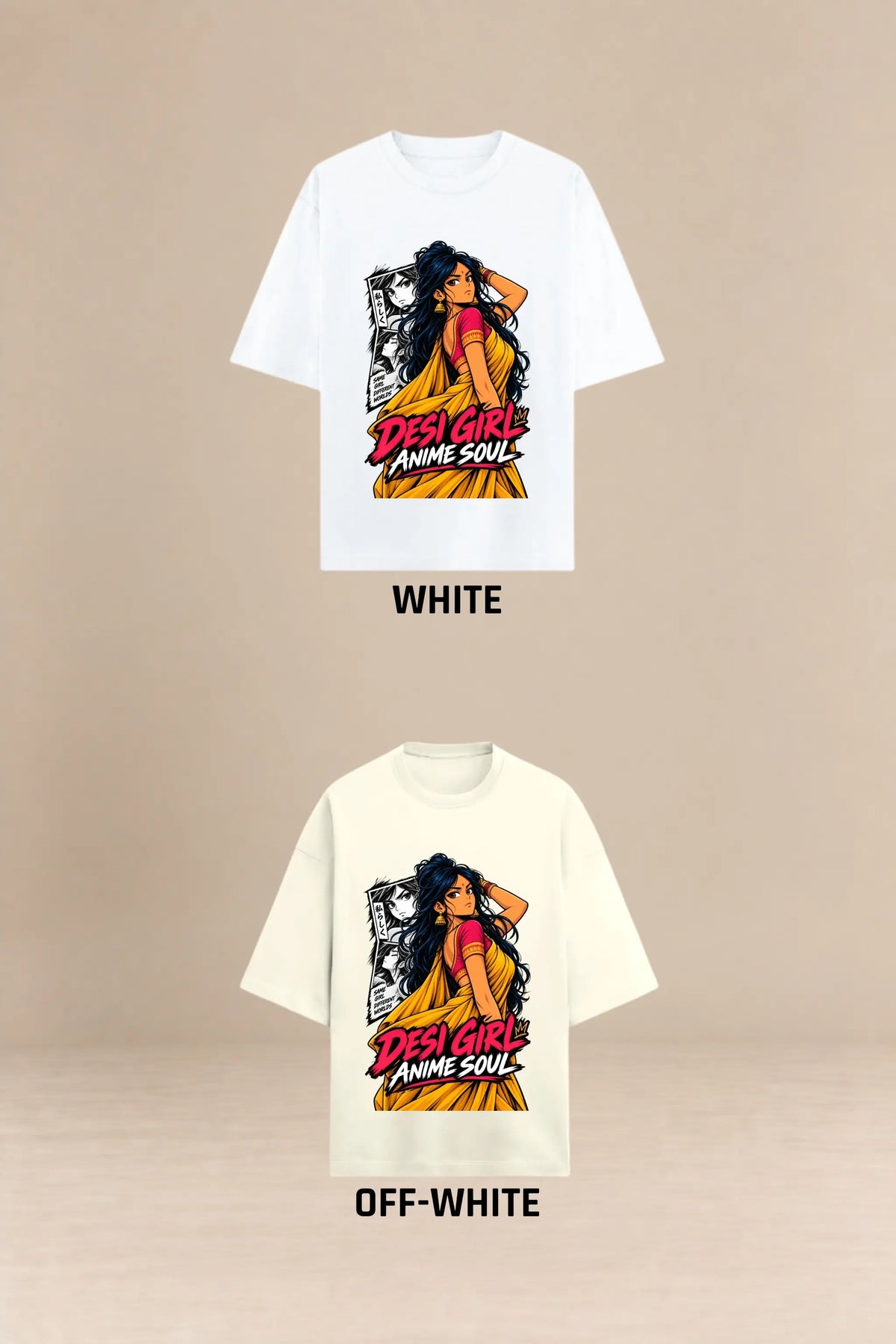 Desi Girl Anime Soul oversized terry t-shirt in white and off-white colour options, anime streetwear India, JUNOSHI