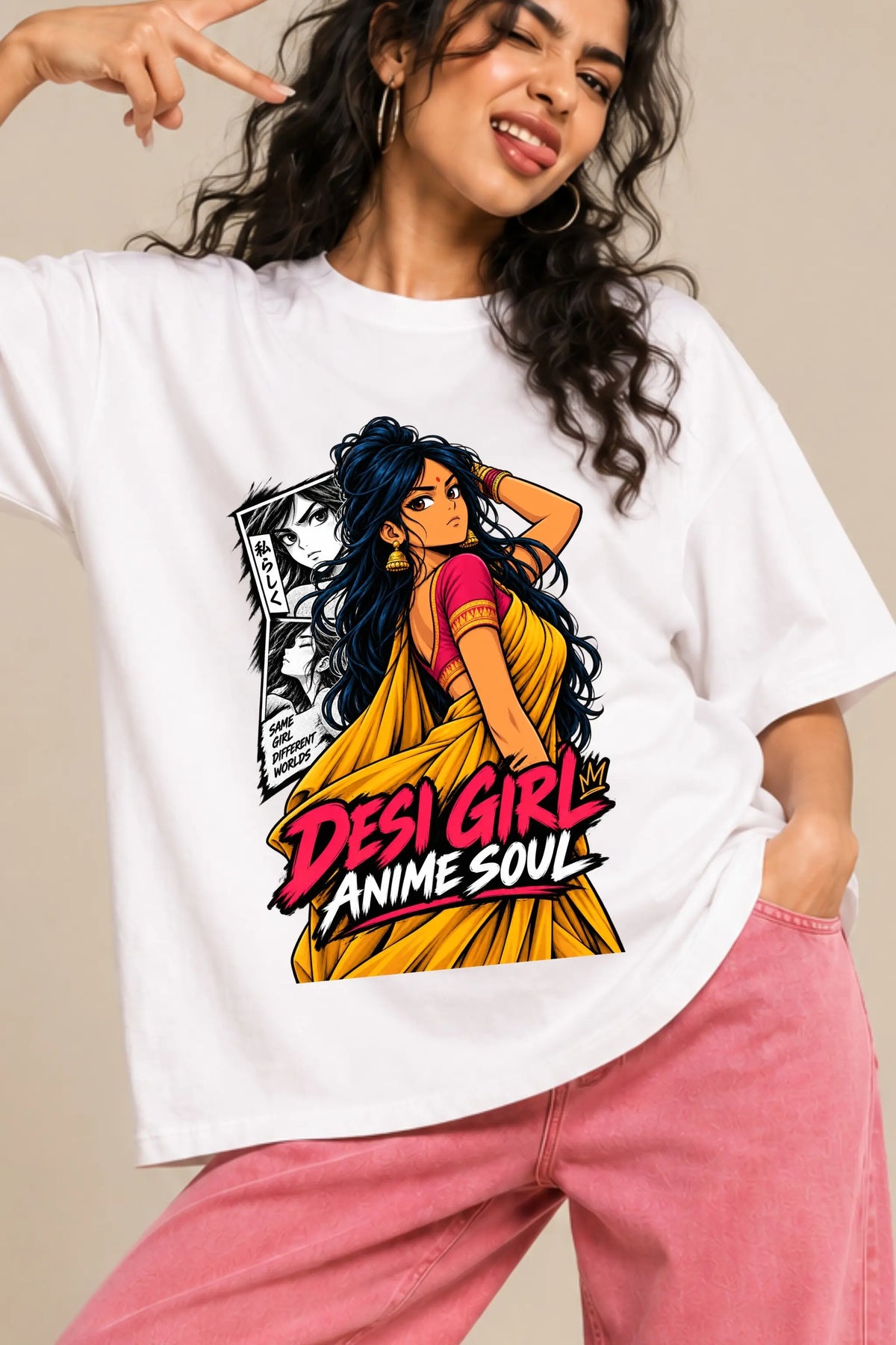 Close-up of Desi Girl Anime Soul print, saree-clad anime girl with manga panels on white oversized terry t-shirt, JUNOSHI