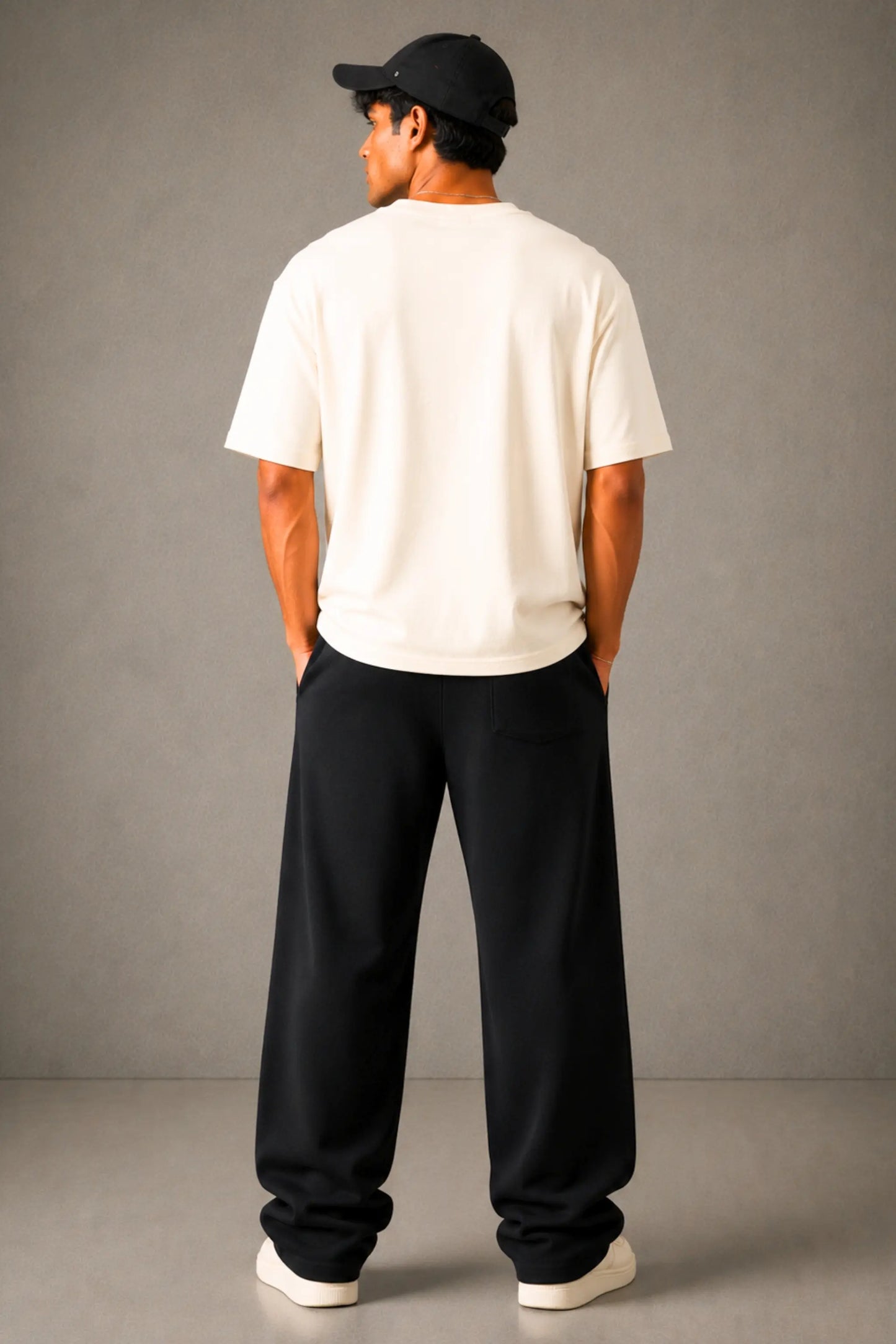 JUNOSHI Easy Beings Unisex Sweatpants — Men Back View, Wide Leg Black Comfort Bottomwear