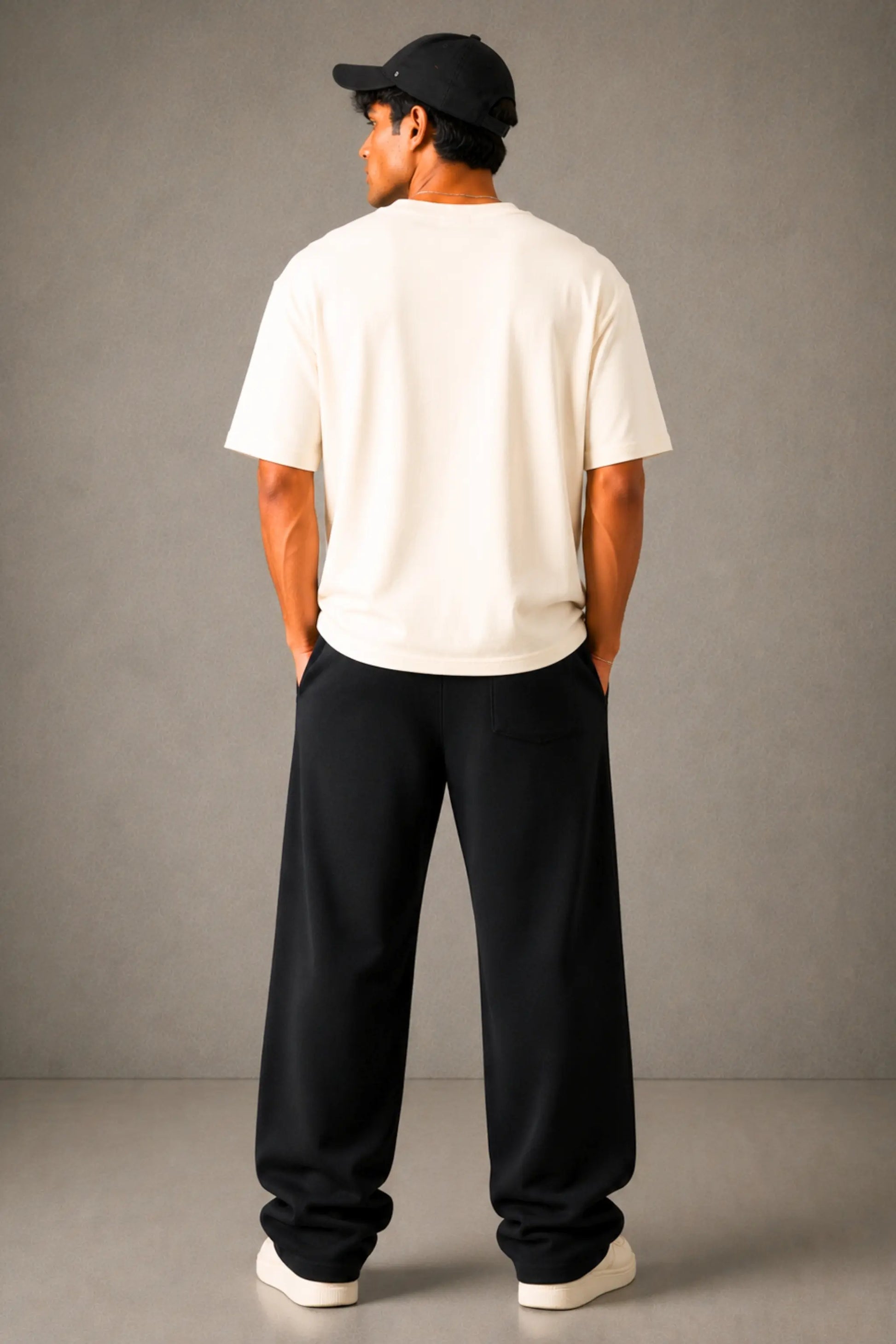 JUNOSHI Easy Beings Unisex Sweatpants — Men Back View, Wide Leg Black Comfort Bottomwear
