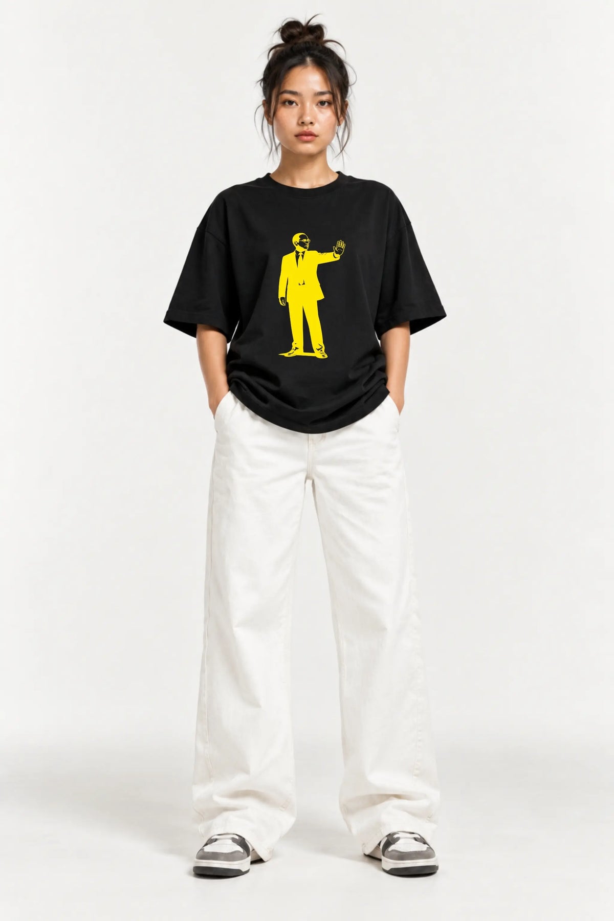 Ehsaan Nahi Adhikar Hai Ambedkar Oversized Classic Tee, front view on female model with white wide-leg pants | JUNOSHI