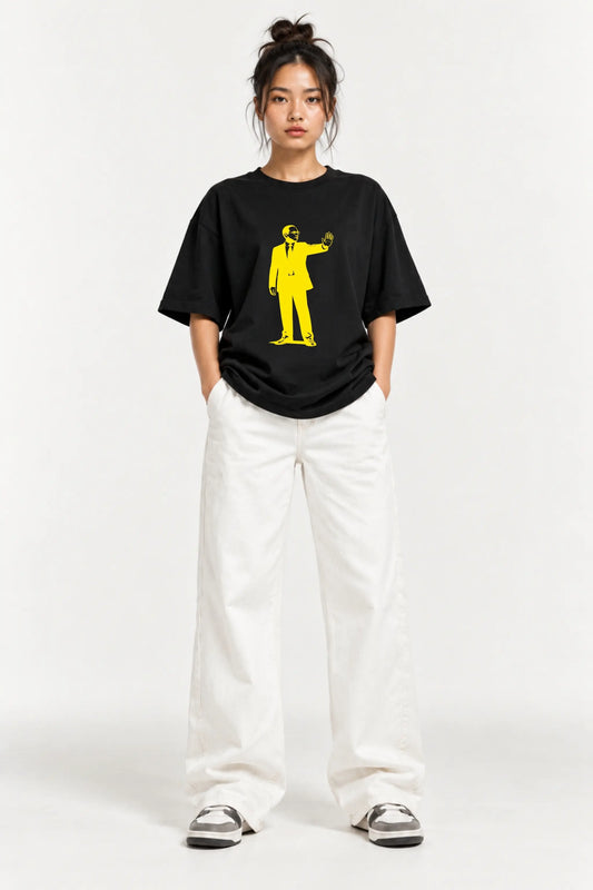 Ehsaan Nahi Adhikar Hai Ambedkar Oversized Classic Tee, front view on female model with white wide-leg pants | JUNOSHI