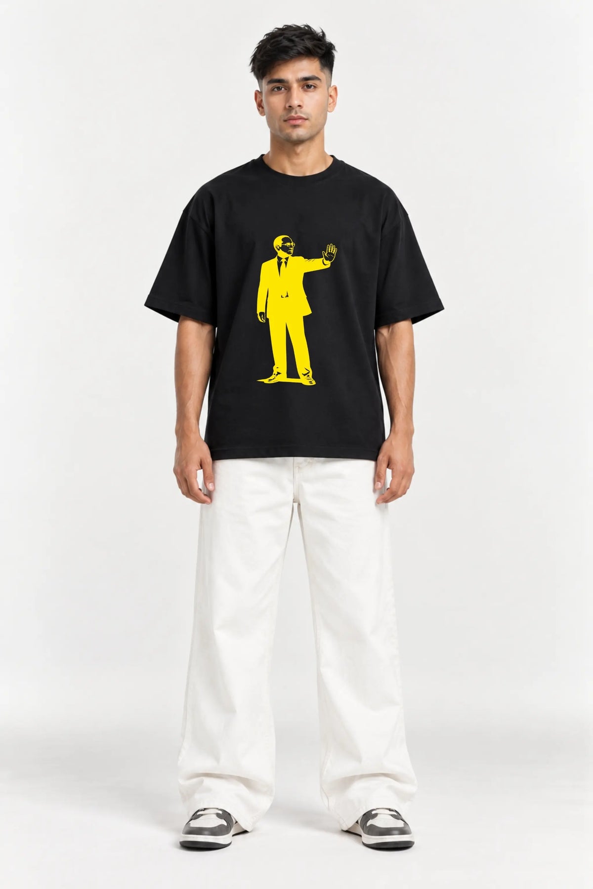 Ehsaan Nahi Adhikar Hai: Ambedkar Constitutional Rights Oversized Classic Tee, front view on male model | JUNOSHI