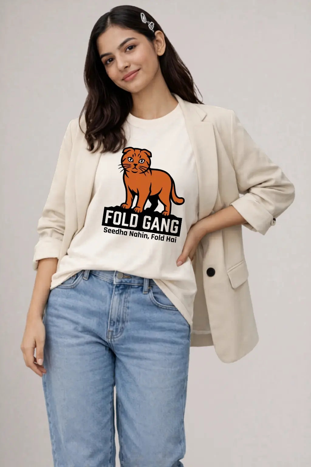Fold Gang Scottish Fold cat graphic tee on female model — cream oversized tee styled with blazer and jeans, casual-chic unisex fit | JUNOSHI Pet Pawtrait Collection