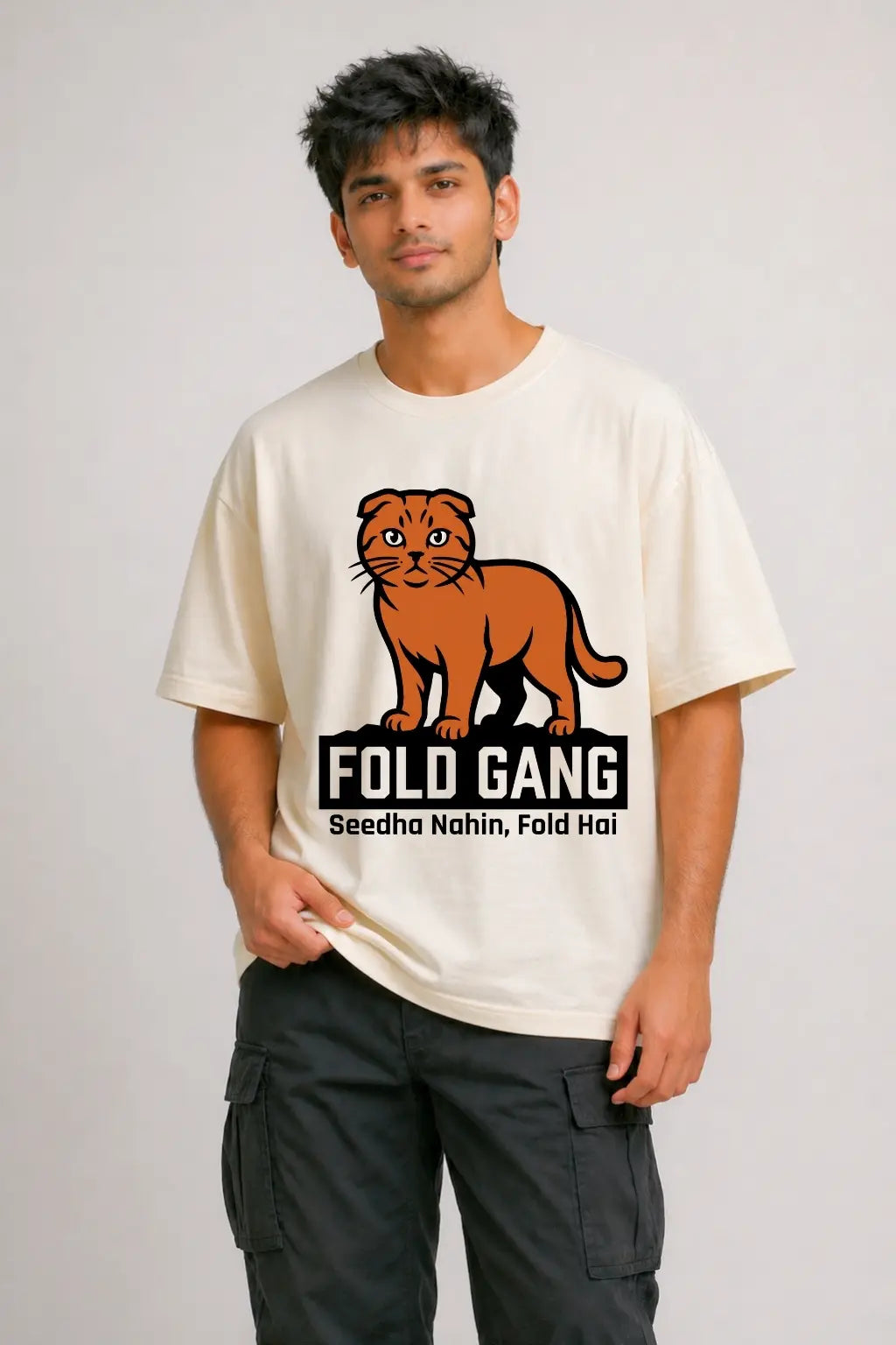Fold Gang Scottish Fold cat graphic oversized tee in cream — male full body front view, styled with cargo pants | JUNOSHI Pet Pawtrait Collection