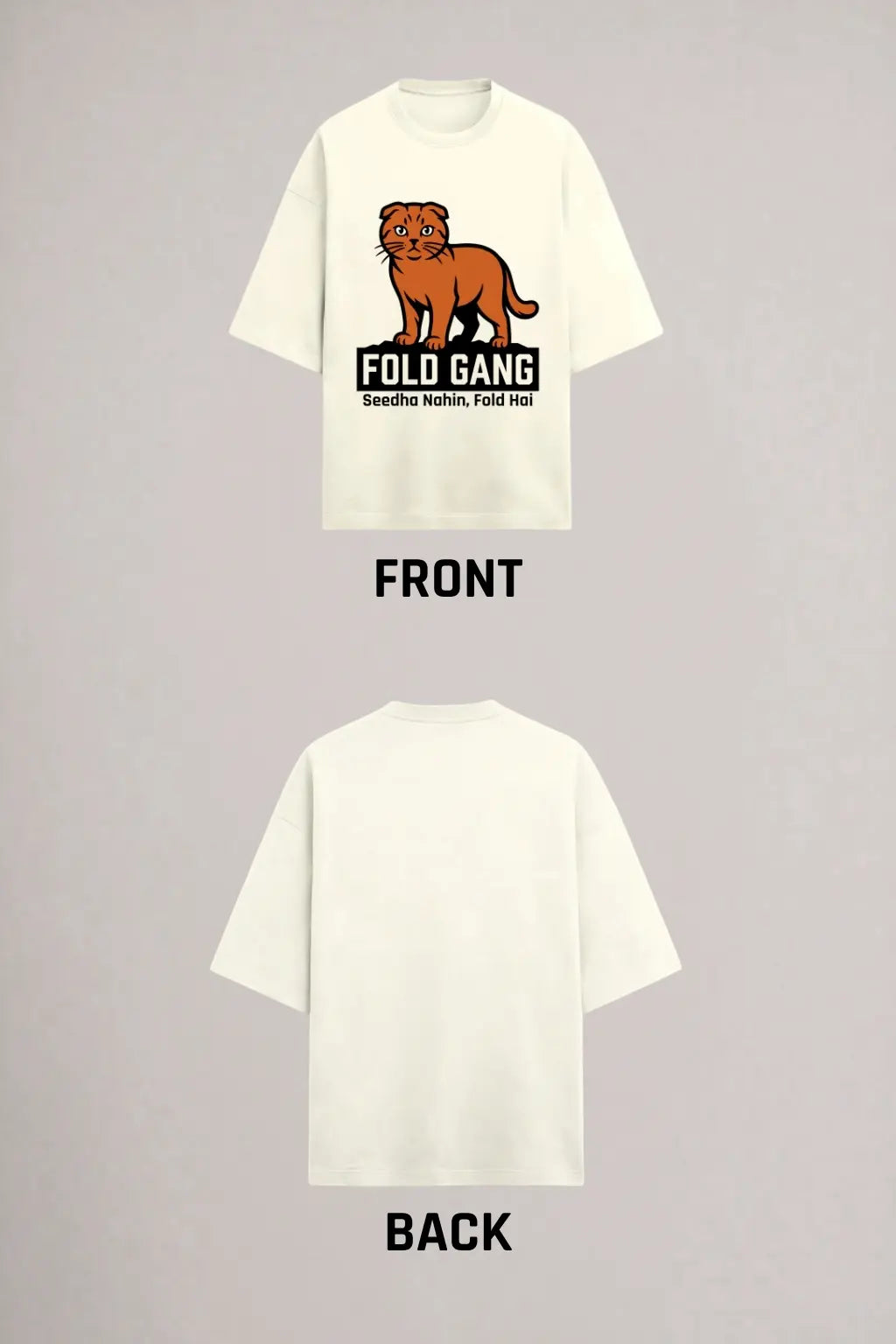 Fold Gang oversized tee flat lay — front graphic and clean back view of cream unisex Scottish Fold cat tee | JUNOSHI Pet Pawtrait Collection