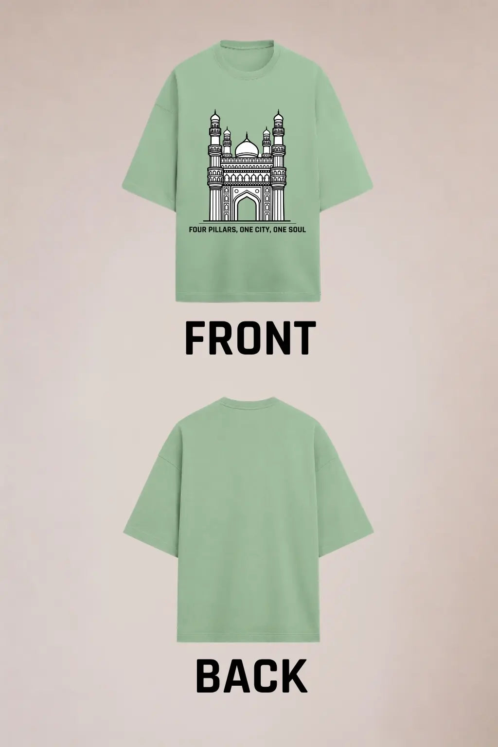 Four Pillars Charminar Oversized Tee in Sage Green — Front and Back