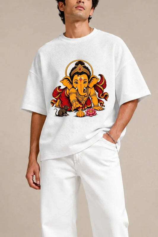 Ganesha Aashirwad Oversized T-Shirt — Close-Up Graphic Detail | JUNOSHI