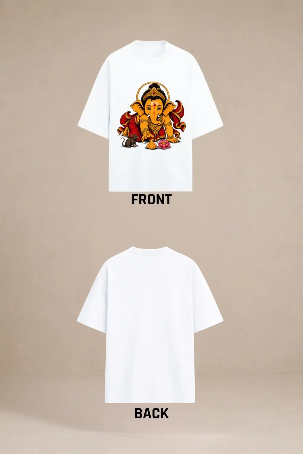 Ganesha Aashirwad Oversized T-Shirt — Front and Back Flat Lay | JUNOSHI
