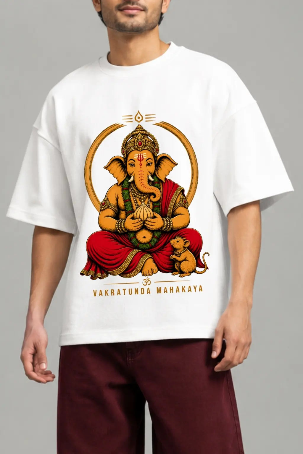 Vakratunda Mahakaya Ganesha Modak — White Oversized Terry T-Shirt, Close-Up Print Detail