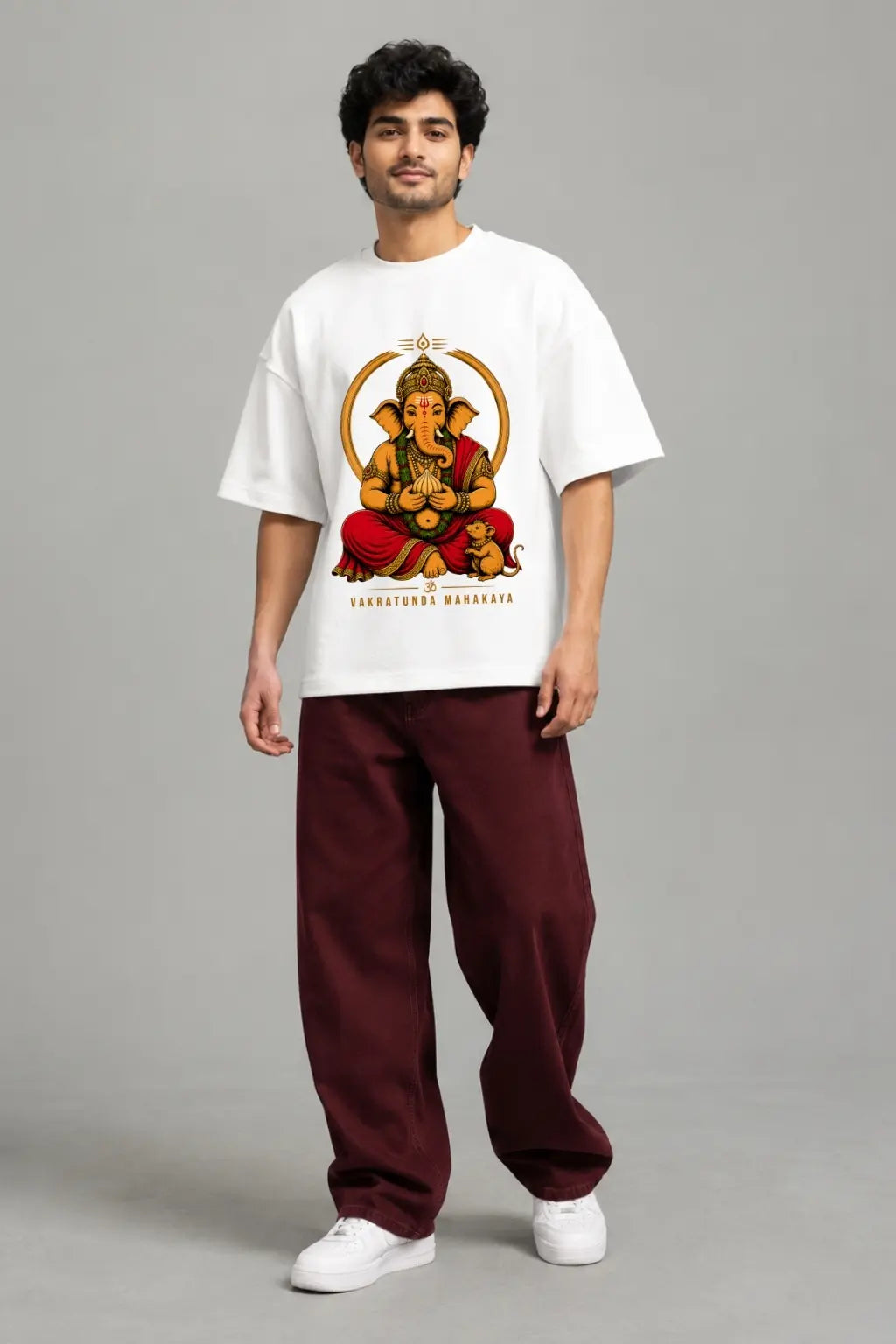 Vakratunda Mahakaya Ganesha Modak — White Oversized Terry T-Shirt for Men, Front View