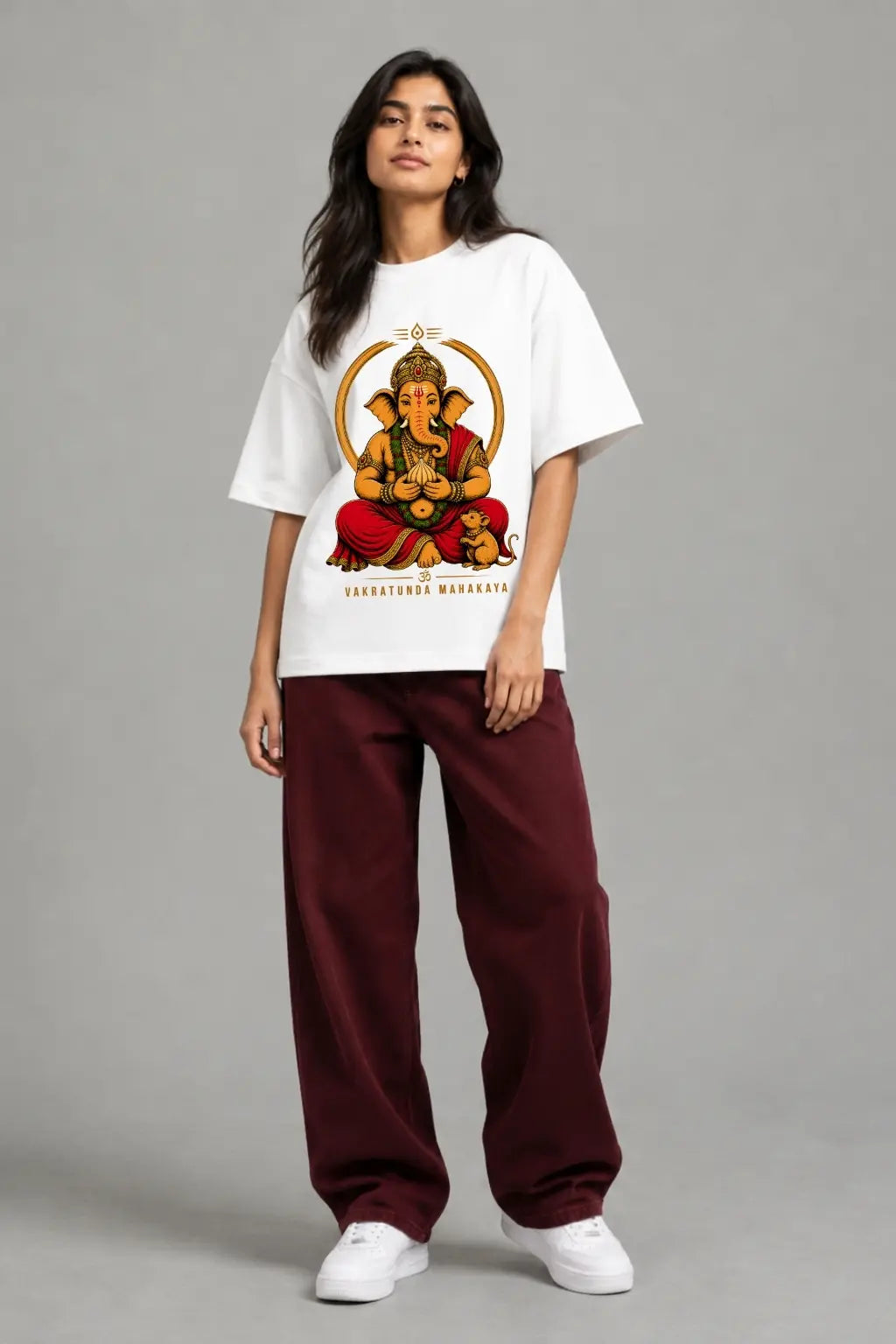 Vakratunda Mahakaya Ganesha Modak — White Oversized Terry T-Shirt for Women, Front View