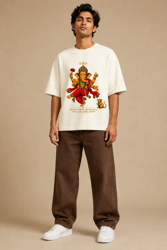 Ganpati Bappa Morya Dancing Ganesha Oversized Terry T-Shirt for Men — Front