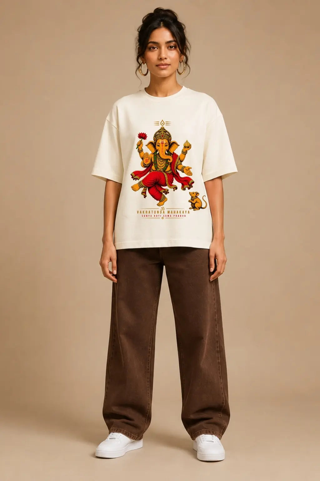 Ganpati Bappa Morya Dancing Ganesha Oversized Terry T-Shirt for Women — Front