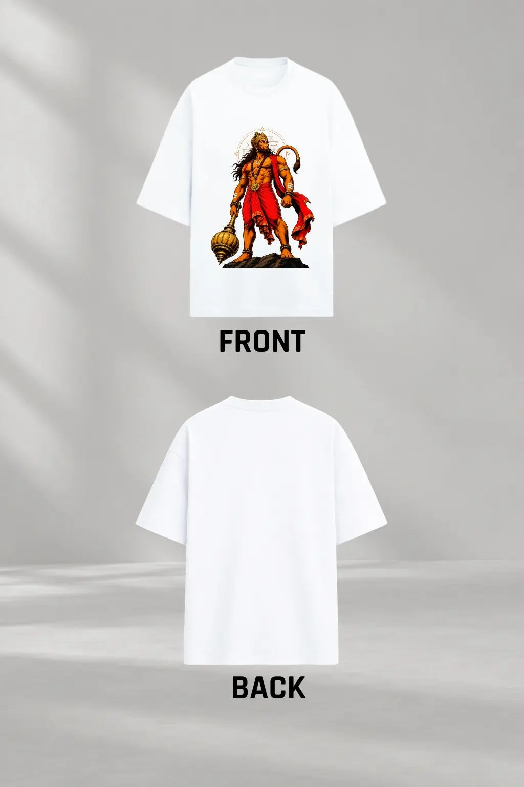 Hanuman Mighty Warrior oversized classic t-shirt, front and back product view, white | JUNOSHI