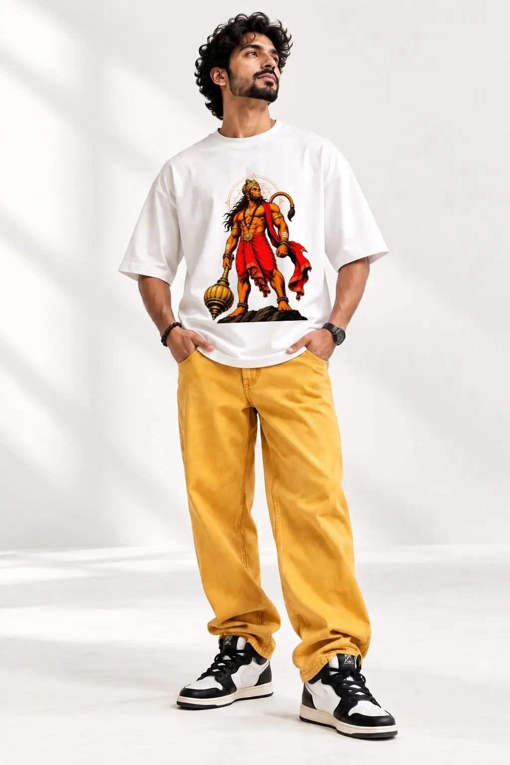 Hanuman Mighty Warrior — Devotion & Strength Oversized Classic T-Shirt worn by man, full-length front view | JUNOSHI