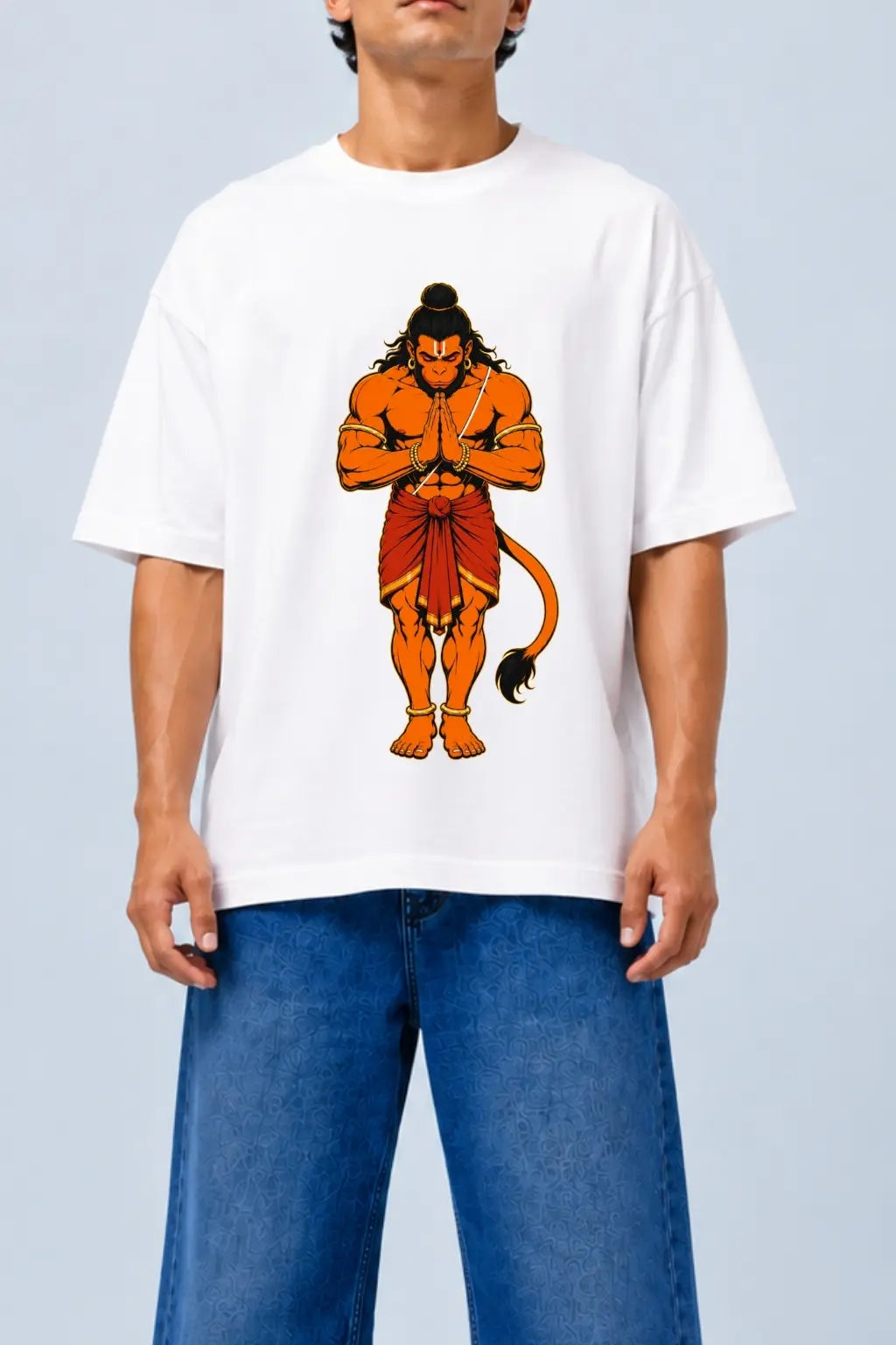 Hanuman Namaskar Graphic Print Close-Up — Devotional Oversized Tee | JUNOSHI