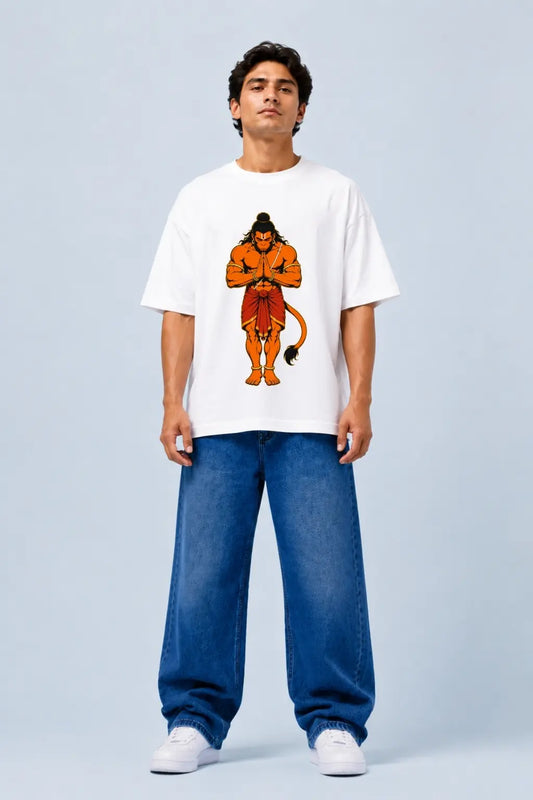 Lord Hanuman Devoted Namaskar — Bhakti Oversized T-Shirt for Men | JUNOSHI