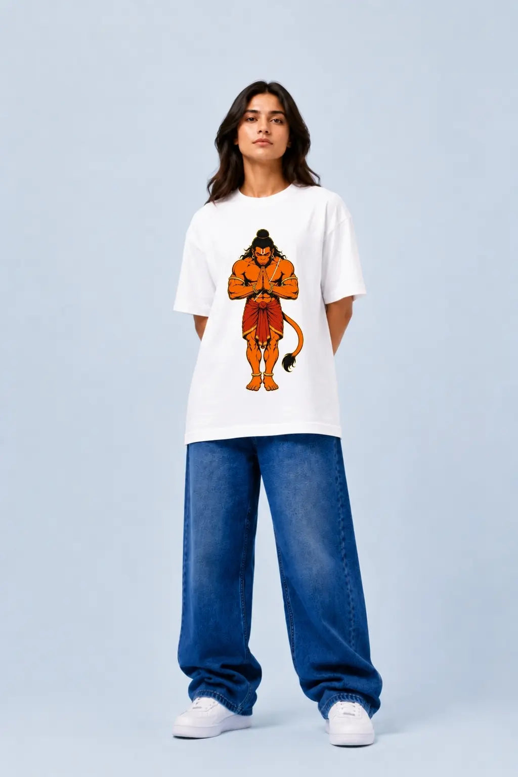 Lord Hanuman Devoted Namaskar — Bhakti Oversized T-Shirt for Women | JUNOSHI