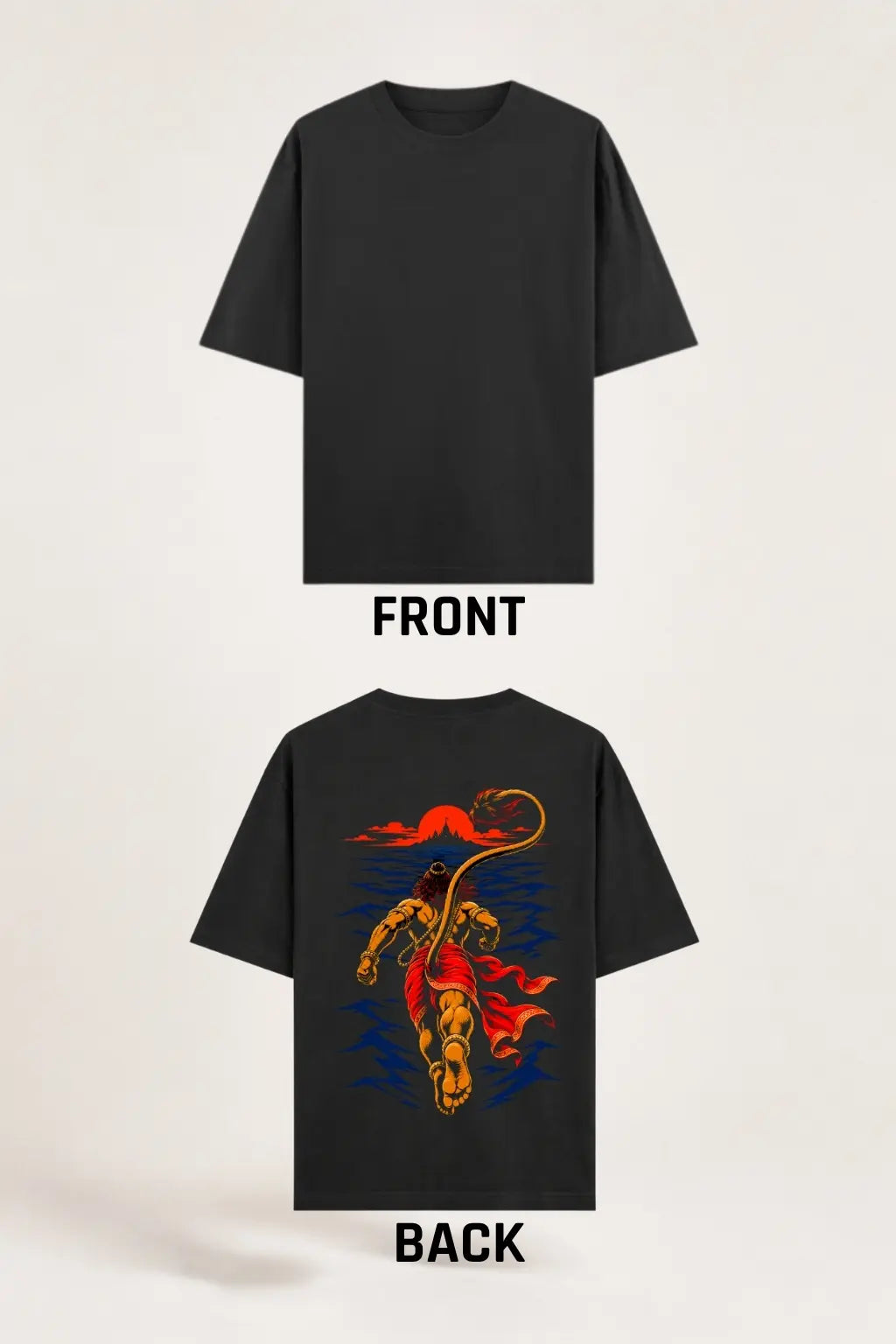 Hanuman Samudra Langhan oversized t-shirt flat lay showing plain front and printed back design — Divine Street devotional streetwear