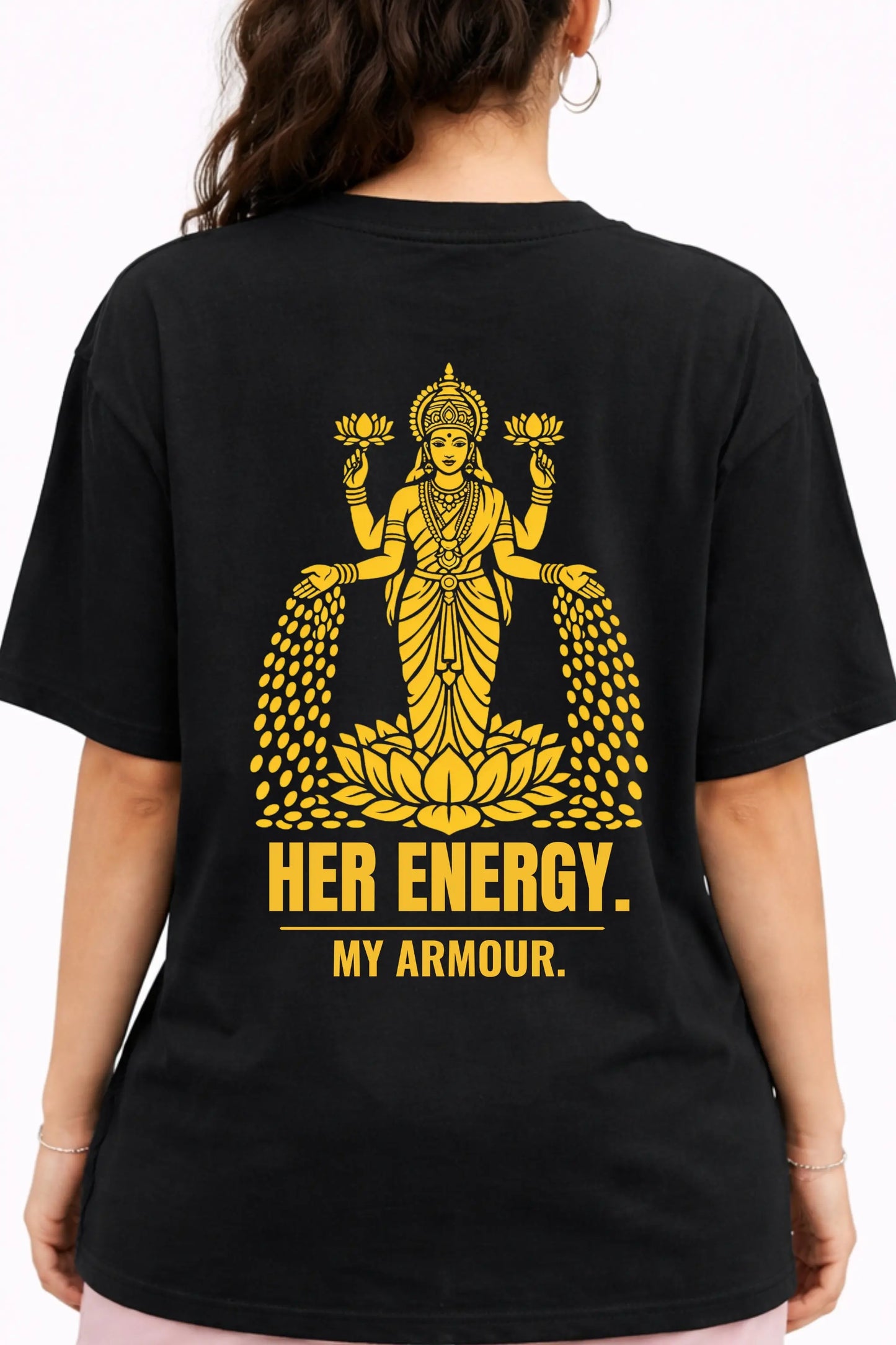 Her Energy My Armour Back Graphic — Maa Lakshmi Oversized Black T-Shirt for Women by JUNOSHI