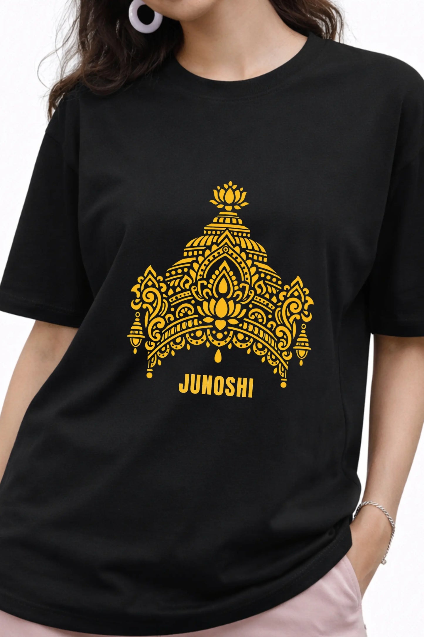 Gold Maa Lakshmi Crown Graphic Closeup — Her Energy My Armour Oversized Tee by JUNOSHI