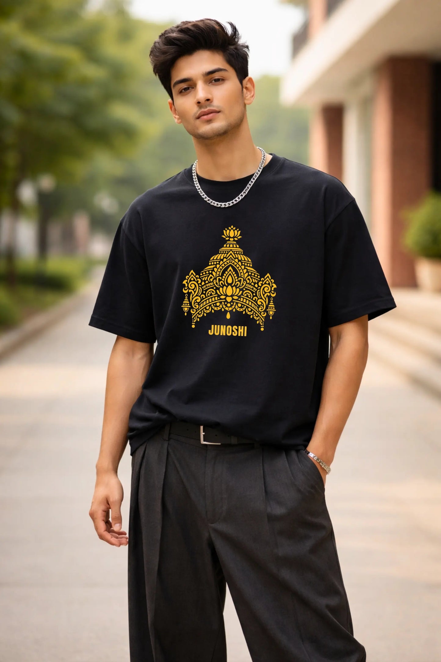 Her Energy My Armour Maa Lakshmi Oversized Black T-Shirt for Men — Streetwear Style by JUNOSHI