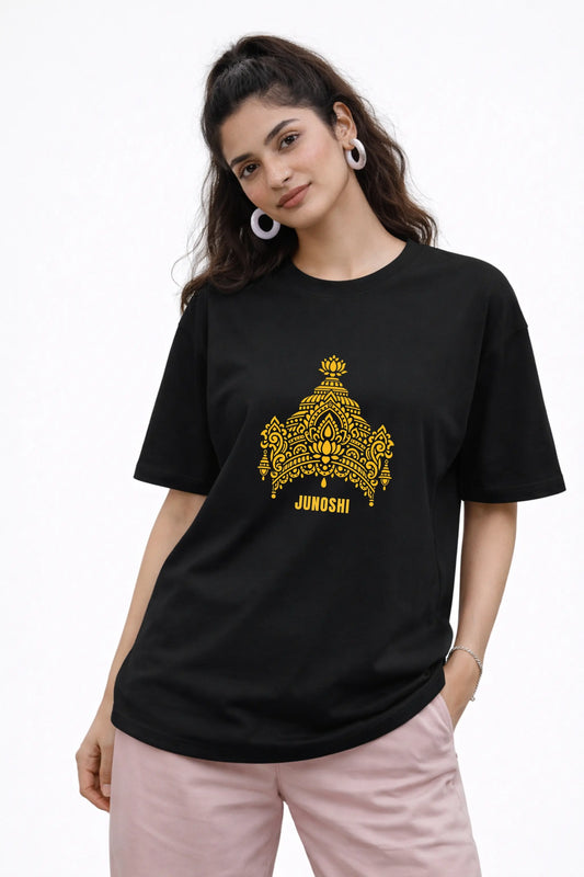 Unisex Oversized Black Maa Lakshmi Tee — Her Energy My Armour — Divine Street Collection by JUNOSHI