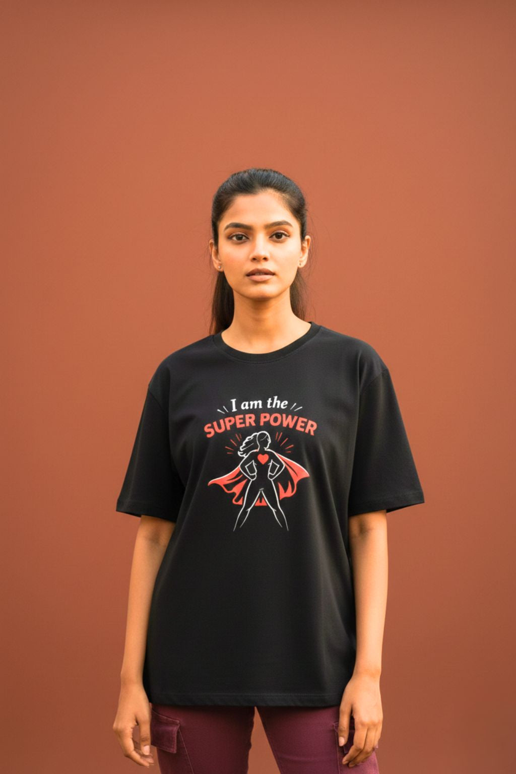 JUNOSHI Indian Women's Oversized Tee — I Am The Super Power, Quiet Confidence on a Black Tee