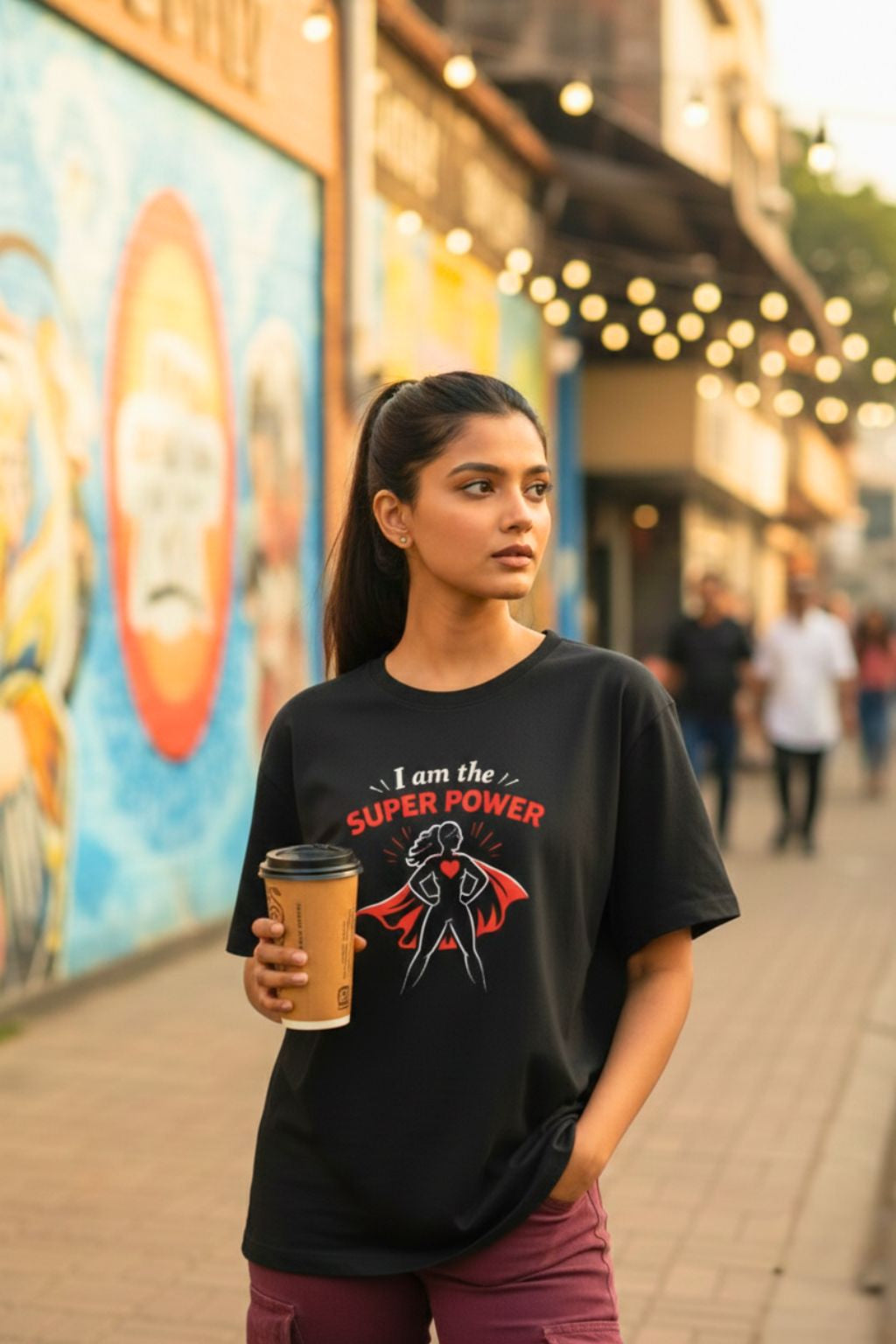 JUNOSHI Women's Black Oversized Tee — I Am The Super Power, Indian Woman Owning the Street